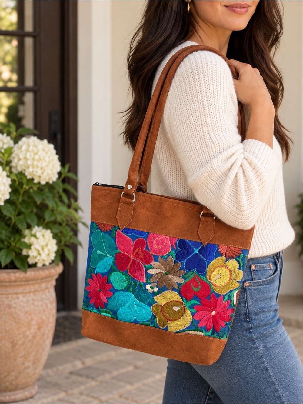 Embroidered Floral Brown Vegan Suede Boho Tote Bag Shoulder Bag